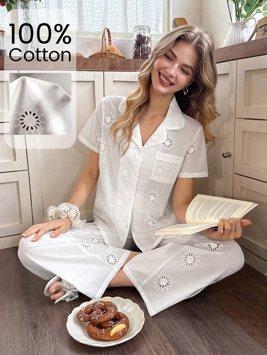 Snug Reverie Damen 100% Baumwolle Jacquard Romantisch Frisch Kurzarm Lange Hose Loungewear 2-teiliges Set - Weiss - Übersicht 1