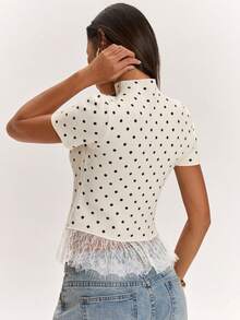 SHEIN BAE Vintage Minimalist Short Sleeve Contrast Lace Trim Commuter Versatile Women's Sweater - Beige - View 2