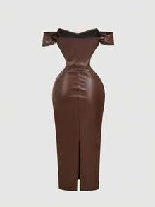 Skyraze Women's Brown PU Off-Shoulder Bodycon Dress - Brown - View 5