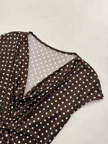 Gownix Brown And White Polka Dot Print Cowl Neck Ruched Short Sleeve Top Office Summer Elegant - Mocha Brown - View 6