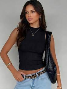 Paquete de camisetas de tirantes de algodón de punto acanalado para mujer, cuello redondo, ajuste ceñido, estilo básico casual. - Celeste - Ver 3