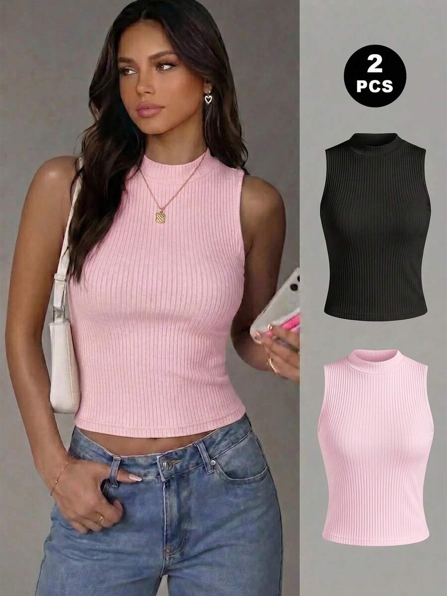 Paquete de camisetas de tirantes de algodón con tejido de canalé para mujer, cuello redondo, ajuste ceñido, estilo básico casual. - Negro - Ver 1