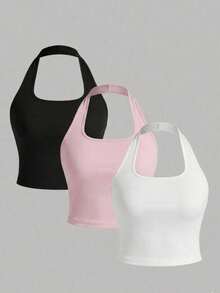 Women's Versatile Solid Color Sexy Spaghetti Strap Backless Fitted Summer Top. - Pink - View 7