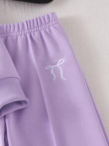 SHEIN Baby Girl Bowknot Embroidered Sweatshirt & Sweatpants Set - Purple - View 6