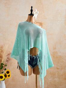 Bonvoyette Women's Elegant Blue Round Neck Knit Pullover Cover-Up With Tassels For Summer Vacation - Blue - View 3