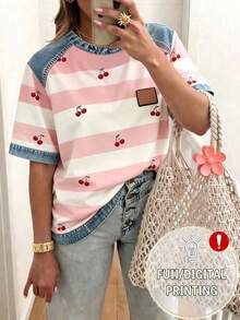 EMERY ROSE Women's Striped Patchwork Round Neck Short Sleeve Casual Versatile T-Shirt - Multicolor - View 1