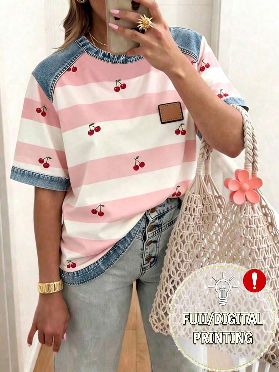 EMERY ROSE Women's Striped Patchwork Round Neck Short Sleeve Casual Versatile T-Shirt - Multicolor - View 1