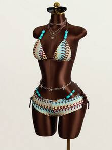 Zestiva 3pcs Women's Bohemian Crochet Swimwear Set, Beach Pool Casual Party Vacation, Spring Summer - Multicolor - View 4