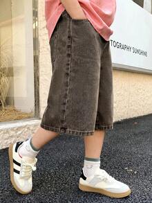 SHEIN 青少年男孩休閒百搭日常牛仔短褲，附口袋 - 棕色 - 查看 1
