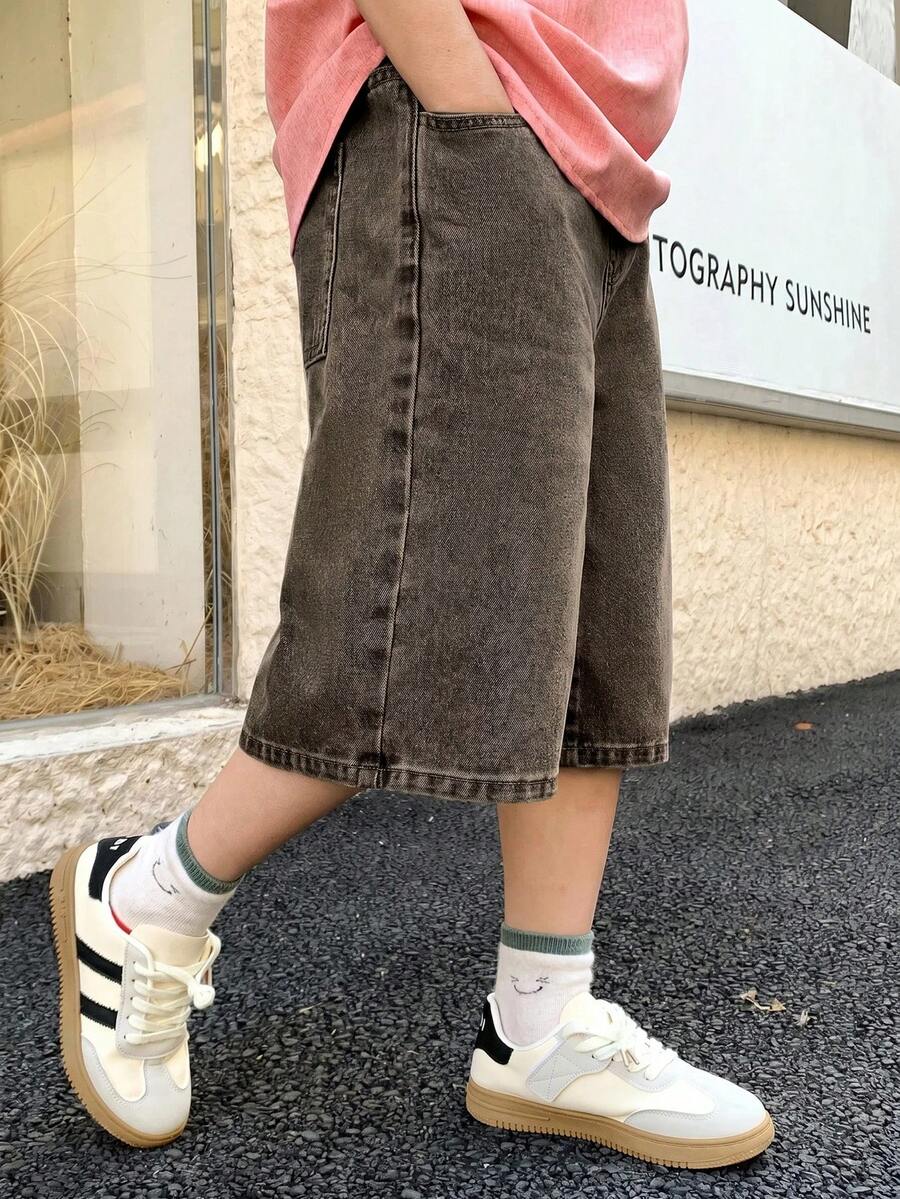 SHEIN 青少年男孩休閒百搭日常牛仔短褲,附口袋 - 棕色 - 查看 1