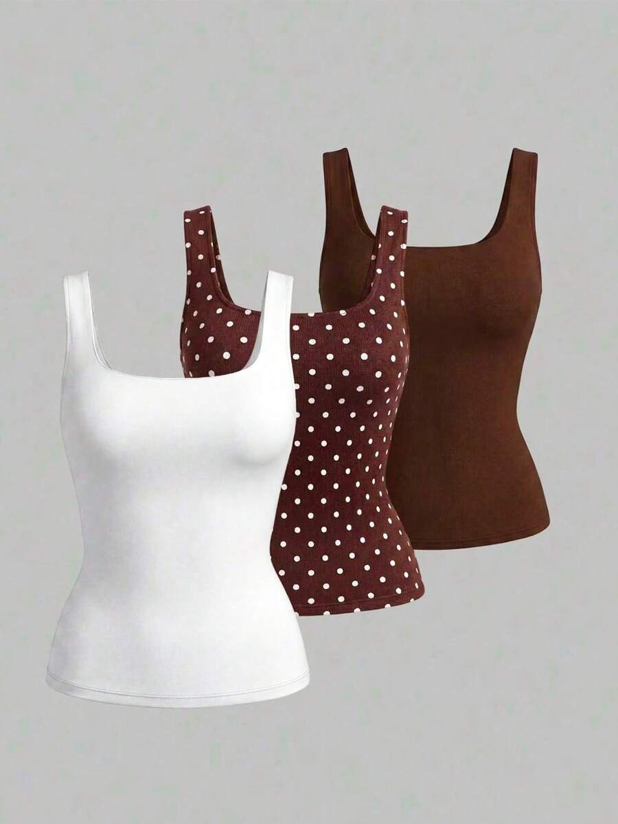 Sweetra Damen Große Größen Lässig Basic Quadratischer Ausschnitt Tanktop, Weiß Schokoladenbraun Mehrteiliges Set für Sommer, Alltag Date Night Büro Formell Urlaub - Verschiedenfarbig - Übersicht 1