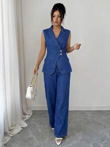 Elenzga Women's Single-Breasted Vest And Pants Casual Denim Set - Blue - View 5