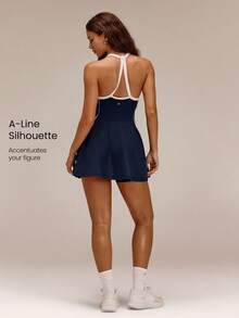 GLOWMODE FeatherFit™-Air RallyGlow UPF50+ Sweat-Wicking Ruched Bust Open Back A-Line Dress With Removable Cups & Shorts Tennis Golf Pickleball Daily Wear - Navy Blue - View 2