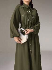 Modelyn 女款水鑽裝飾腰帶單排釦長版襯衫與長褲優雅兩件套 - 軍綠色 - 查看 3