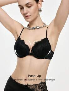 Bralution Brown Underwire Molded Cup High Support Push Up Balconette Bra With Front Closure Lace Trim Romantic Elegant Women's Lingerie - Coffee Brown - View 5