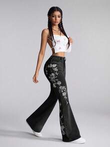 SHEIN ICON 大尺碼女款花卉印花口袋喇叭休閒牛仔褲 - 黑色 - 查看 4