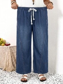 EMERY ROSE EMERY ROSE Plus Size Women's Drawstring Waist Pocket Casual Traditional Loose Fit Versatile Daily Travel Denim Jeans Boho Wide Leg Summer Vacation Beach - Blue - View 5