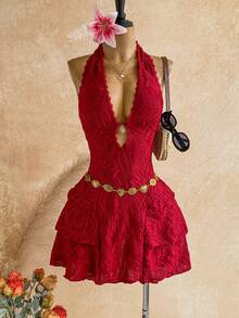 Soleia Women's Vacation Vintage Sexy Energetic Textured Metal Sun Decoration Halter Neck Tie Multi-Layer Ruffle Dress Club Night Red Summer - Burgundy - View 3