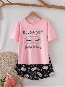 青少年女孩極簡黑色貓咪印花圓領短袖上衣與短褲2件式居家服套裝 - 粉色 - 查看 3