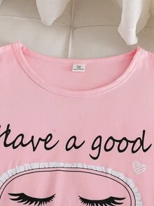 青少年女孩極簡黑色貓咪印花圓領短袖上衣與短褲2件式居家服套裝 - 粉色 - 查看 6