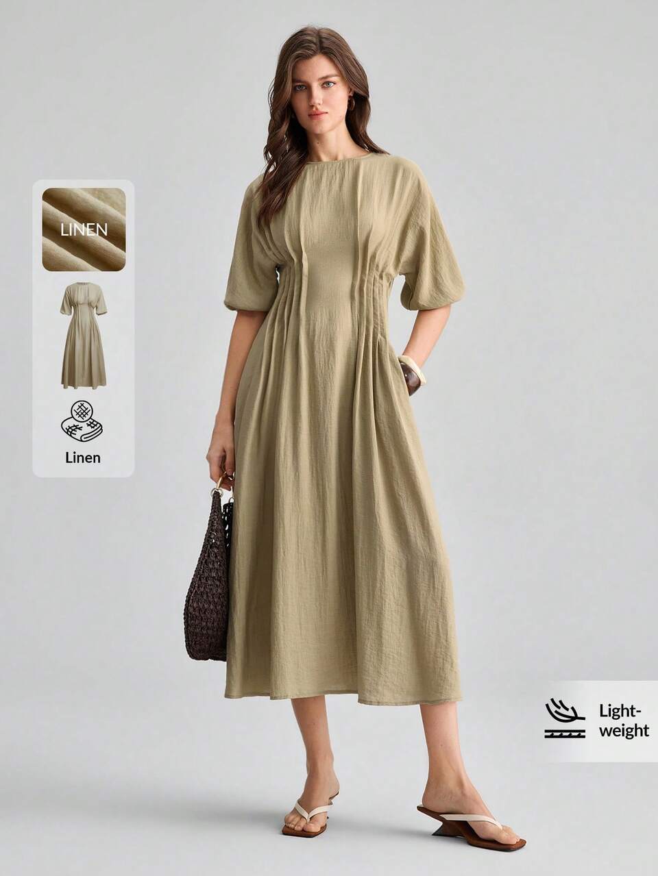 2026SS Summer Women's Mid-Length Dress, Bestselling Khaki Green Puff Sleeve Short Sleeve Cinched Waist Loose Fit Pleated Striped Brunch Elegant