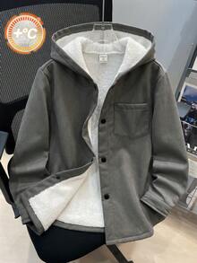 SHEIN 兒童小男孩休閒日常百搭舒適複合抓絨內裡連帽前開襟長袖中磅梭織外套，適合學校、花園、海灘、生日，春秋夏冬四季皆宜 - 灰色 - 查看 3