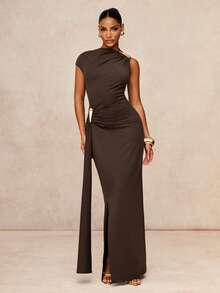 Lumalex Dark Brown Asymmetric One Shoulder Maxi Dress With Hardware Ruched Hip Draped Skirt And Front Slit Luxury Elegant For Party Bar Party Dinner Summer - Brown - View 10