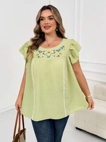 SHEIN CURVE+ 大尺碼女款刺繡圓領抓皺袖上衣，度假襯衫，手工風郵輪風祖母綠夏季波希米亞風 - 綠色 - 查看 4