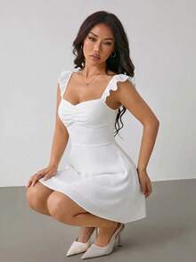 SHEIN PETITE White Chiffon Backless Tied Mini Dress, Lightweight Tight Fit Solid White Dress For Women, Spring/Summer ,Petite Women - White - View 7