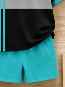 Young Boys 2-Piece Set, Simple Fashion Contrast Color Striped Color Block Print Short Sleeve T-Shirt And Printed Shorts Set, Suitable For Outings In Summer - Multicolor - View 4