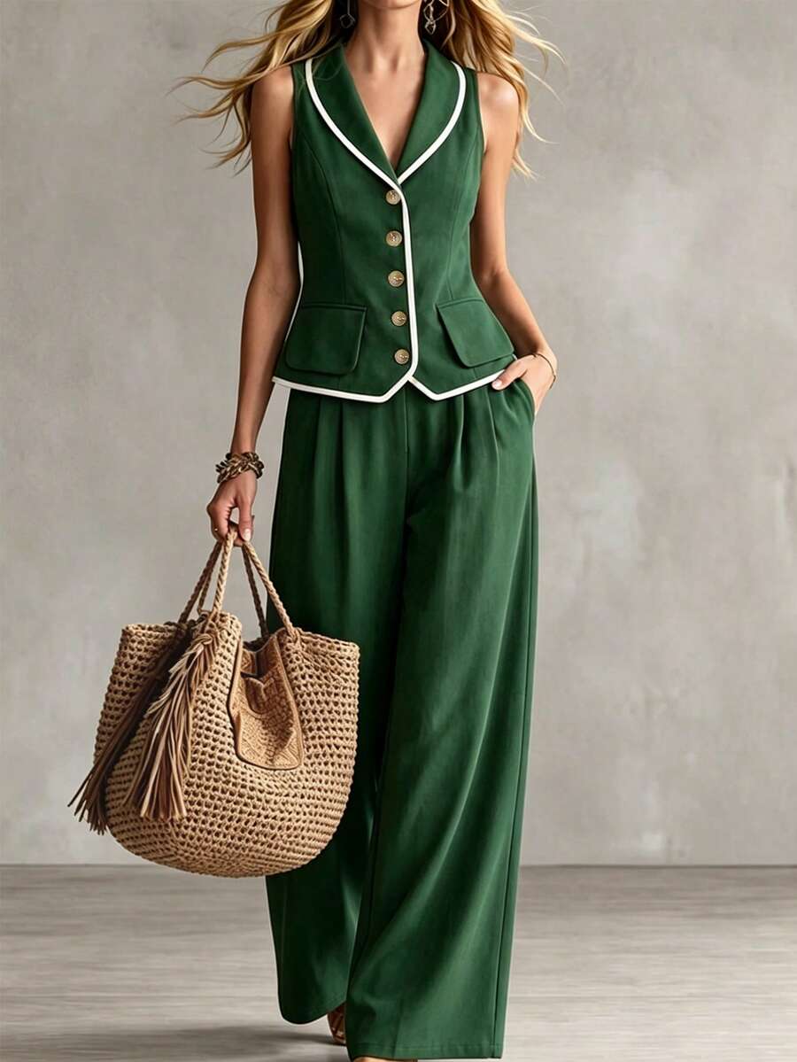 SHEIN LUNE Women's Sleeveless V-Neck Emerald Green Dark Green Wide Leg Pants 2 Pieces Set Business Office Summer Casual Elegant - Green - View 1