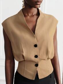 Aveloria Modichic Elegant V-Neck Cinched Waist Button-Up Slouchy Versatile Top - Dusty Pink - View 2