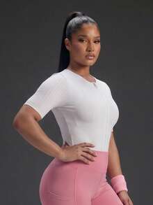 Powerista Women's White & Pink Colorblock Mid-Sleeve Mid-Length Plus Size Athletic Jumpsuit  Daily Travel Sports Shorts Yoga Fitness Lifestyle Casual Gym Summer - Pink - View 6