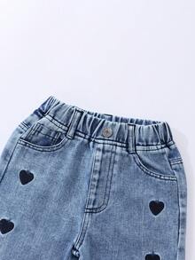 SHEIN 女童牛仔寬腿褲，甜美休閒風，春夏度假款，彈性腰頭配愛心刺繡，純棉，嬰兒藍 - 淺色水洗藍 - 查看 5