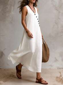 Solivie Women's Solid Color Button Design V-Neck Pocket Casual Sleeveless Long Dress Vacation All White Summer - White - View 7