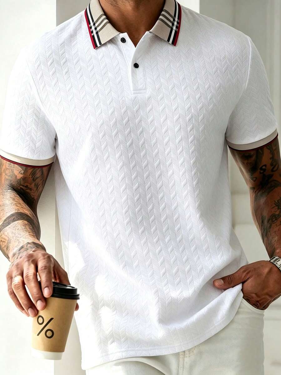 EGENSIO Men's Knitted Jacquard Textured Collar & Cuff Ribbed Classic 2-Button Polo Shirt, Formal - White - View 1