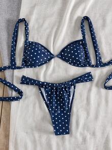 Swim Mod 春夏新款法式復古芋紫色波點甜辣女孩兩件式泳衣，夏季海灘度假比基尼套裝 - 彩色 - 查看 4