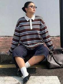 Dazy Plus 女款大尺碼寬鬆街頭風拼色條紋 Polo 領長袖秋季 T 恤 校園風 - 藏蓝色 - 查看 5