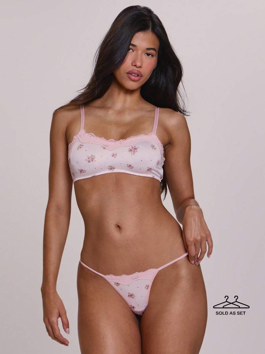MUSERA Strappy Lace Trim Scoop Neck Floral Polka Dot Print Bralette With Strappy Lace Trim High Leg Thong Sold As Set Lingerie Nightwear Pajamas - Pink - View 1