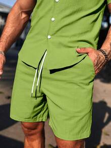 Manfinity Homme Conjunto casual de camisa de manga corta y pantalones cortos de unicolor para hombre - Verde Oliva - Ver 6