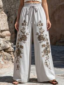 Balvessa Women's Floral Print Waist Tie Wide Leg Long Pants For Vacation - Multicolor - View 5