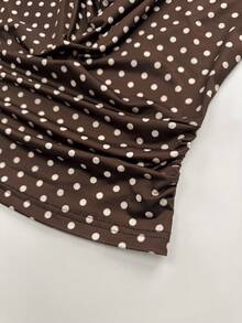 Gownix Brown And White Polka Dot Print Cowl Neck Ruched Short Sleeve Top Office Summer Elegant - Mocha Brown - View 4