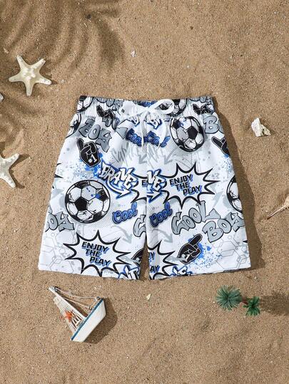 SHEIN 青少年男孩抽繩腰字母印花短褲泳褲下裝，適合夏季度假海灘
