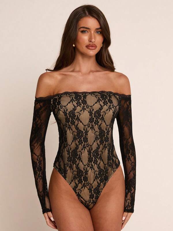 SHEIN BAE Spring/Summer Black Off-Shoulder Lace Sheer Long Sleeve Fitted Bodysuit, Pure Desire Sexy Style, Suitable For Daily Commute, Date Outfits, Party Gatherings, Hot Girl Street Style