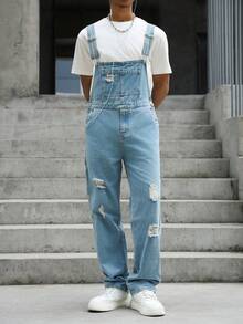 Manfinity EMRG American Retro Streetwear Light Blue Washed Denim Overalls With Distressed Details, Loose Straight Leg Long Pants For Summer Holiday - Blue - View 4