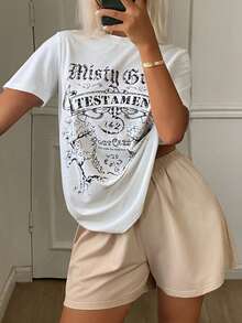 DAZY Women's Letter Print Short Sleeve T-Shirt And Shorts Loungewear Set Summer Pajamas - White - View 4