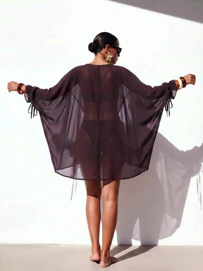Zivah Women's Beach Vacation Casual Brown Shawl Cover-Up With Unique Sleeves, Round Neck, Criss-Cross Front And Back Design. Suitable For Multiple Occasions Including Music Festivals, St. Patrick's Day, Valentine's Day, Dates, Western Theme, Bohemian Style