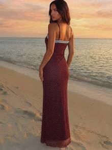 Aloruh Women's Spring/Summer French Elegant Boho Mesh Polka Dot Print Dress With Lace Trim Bow Tie, Vacation, Dating Beach Blue - Multicolor - View 2