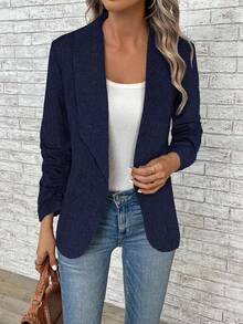 EMERY ROSE Blazer casual de oficina con cuello drapeado, manga larga y fruncido, unicolor, para otoño - Azul Marino - Ver 6