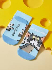 TOM & JERRY X SHEIN 2雙純棉可愛卡通兒童與幼兒襪，男孩女孩通用，襪身與腳跟加強耐磨，四季皆可穿著 - 彩色 - 查看 3